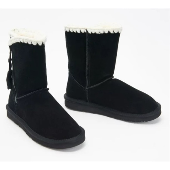 Lamo Water Resistant Suede Winter Boots Luna Black Mid Calf Faux Fur Size 7 NIB - Picture 2 of 4